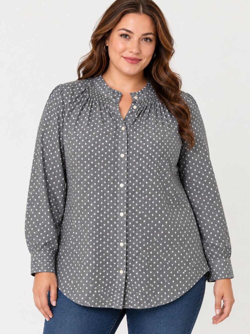 LOFT Polka Dotted Ruffle Collar Shirt Castlerock Gray Size 16 NWT